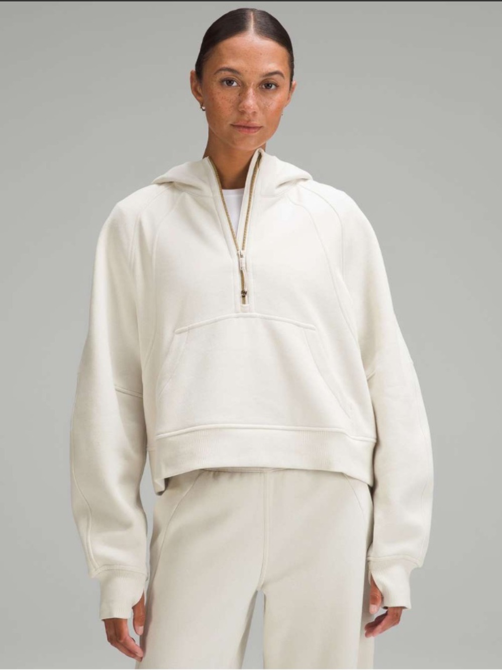 Lululemon Scuba Oversized Half-Zip Hoodie
Cream Bone Gold Logo Cropped